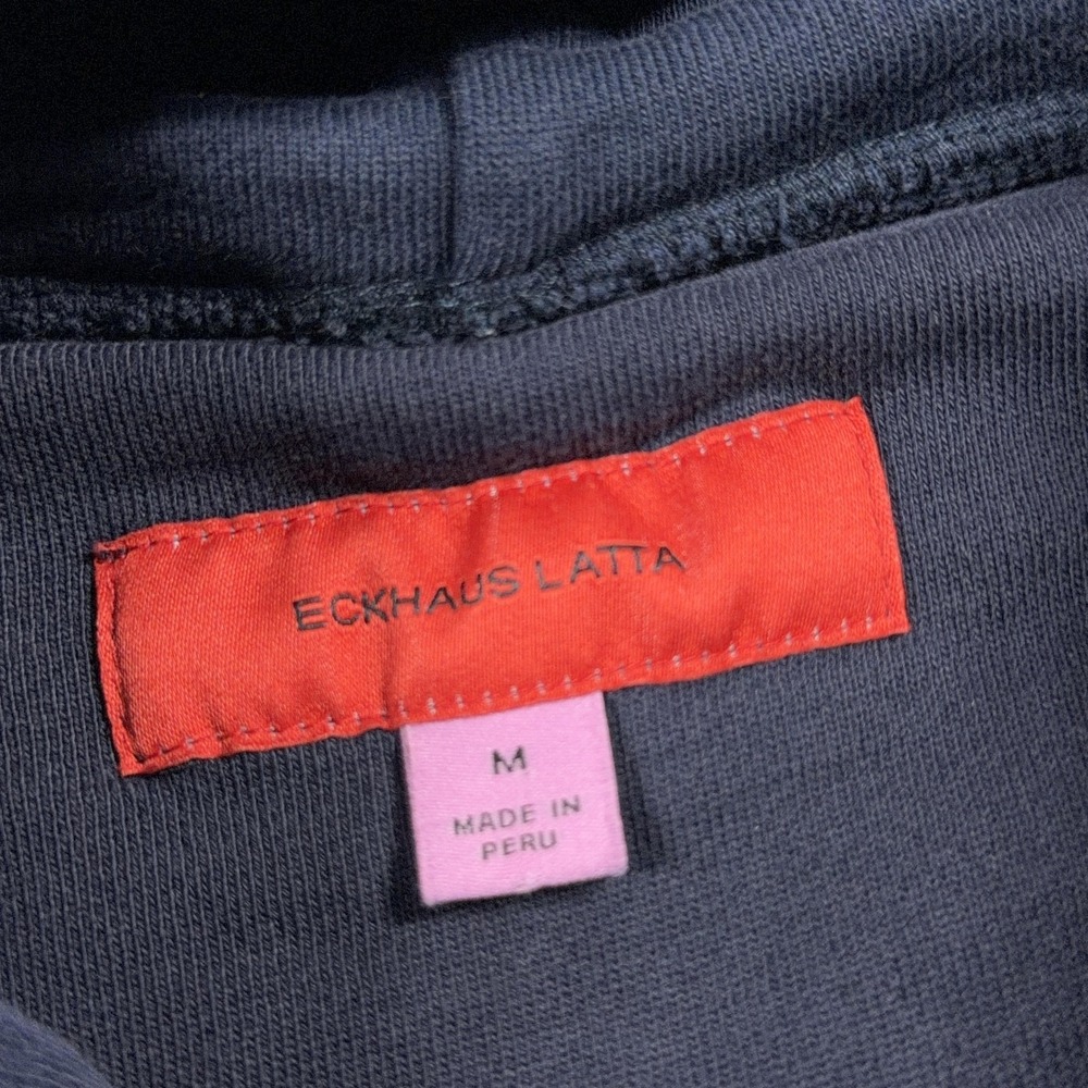 Eckhaus Latta Hoodie Mens Medium Blue Brown Pullover Fleece Sweatshirt Logo - Picture 7 of 11